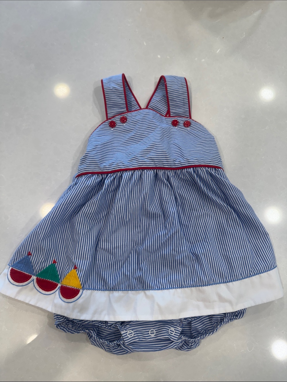 Shrimp & Grits Kids Blue & White Striped Dress with Red Piping